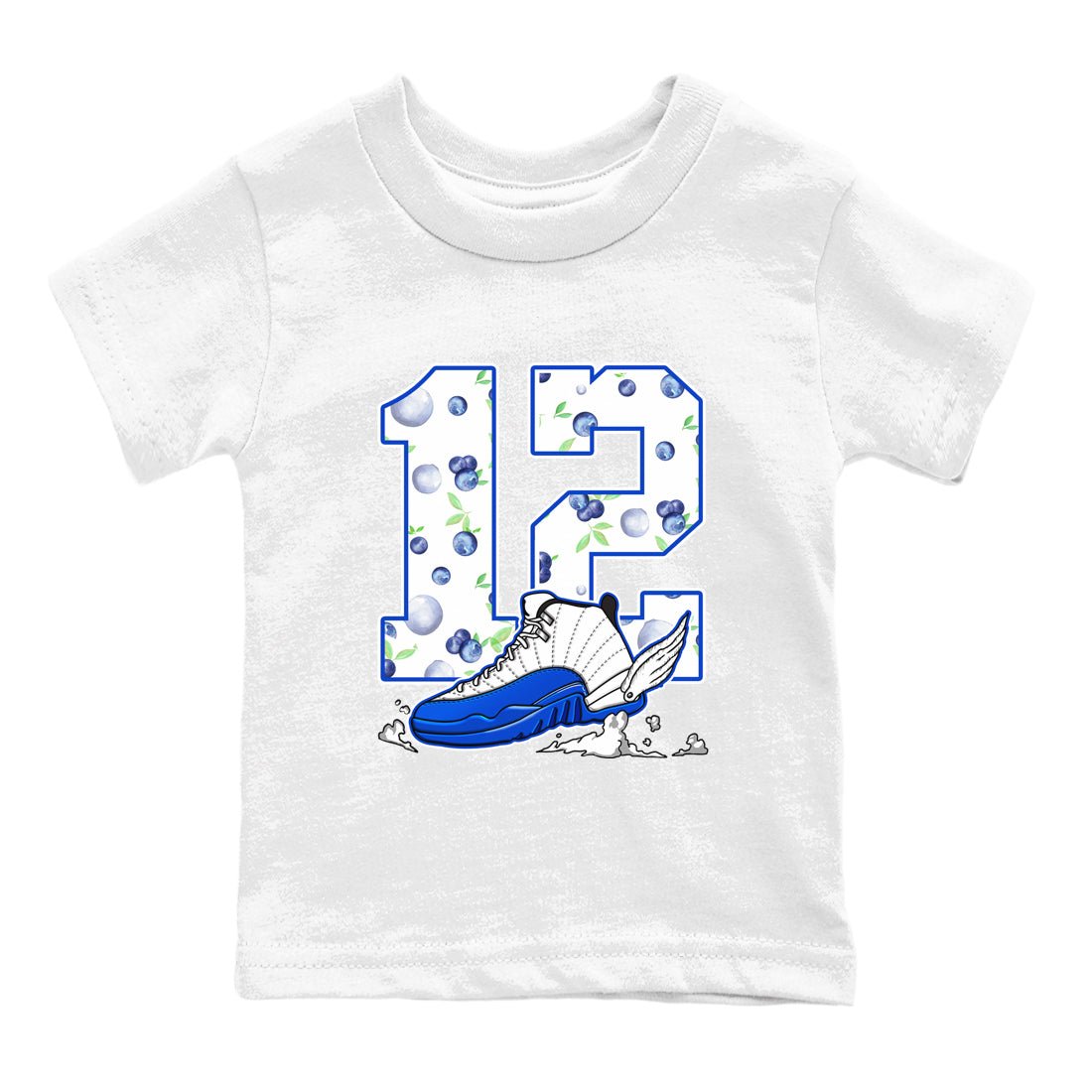 12s Blueberry shirts to match jordans Fly To The Clouds best t shirts to wear with jordans AJ12 White & Game Royal match shoes to clothes SNRT Sneaker Tees Youth Baby White 2 tee