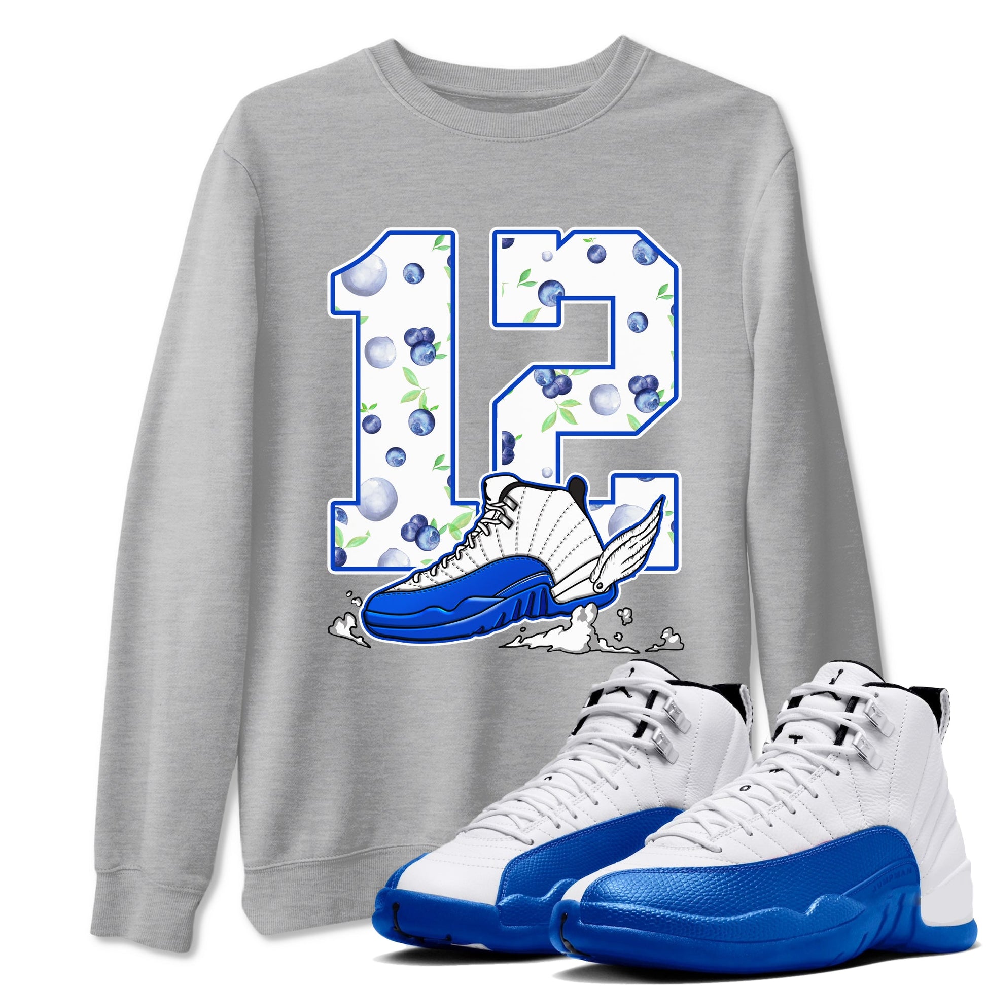 12s Blueberry shirts to match jordans Fly To The Clouds best t shirts to wear with jordans AJ12 White & Game Royal match shoes to clothes SNRT Sneaker Tees unisex cotton Heather Grey 1 shirts