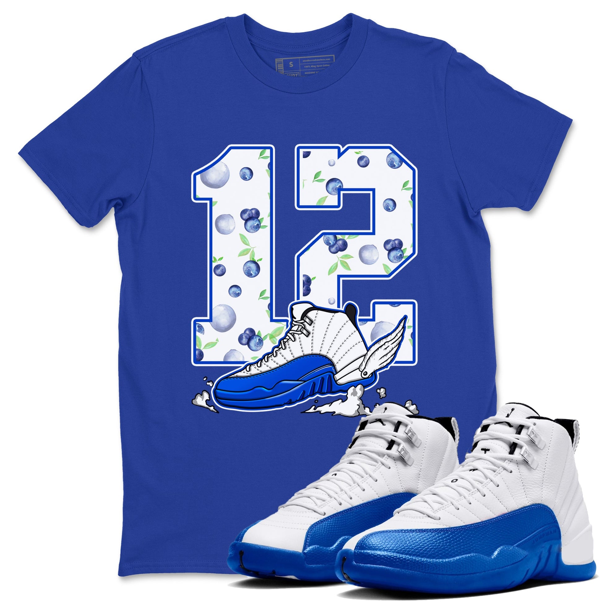12s Blueberry shirts to match jordans Fly To The Clouds best t shirts to wear with jordans AJ12 White & Game Royal match shoes to clothes SNRT Sneaker Tees unisex cotton Royal Blue 1 shirts