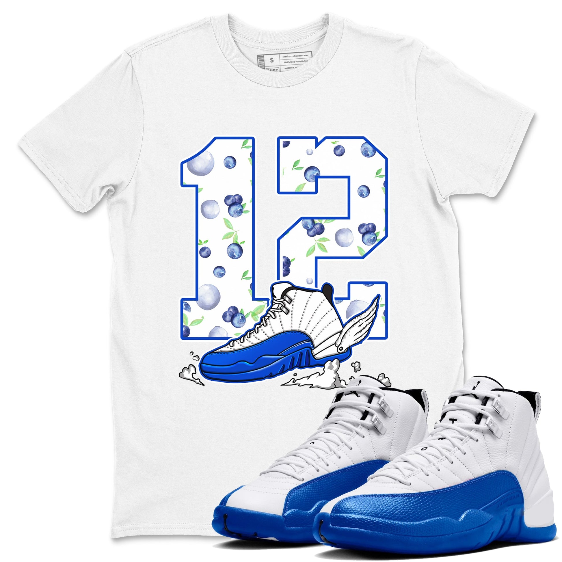 12s Blueberry shirts to match jordans Fly To The Clouds best t shirts to wear with jordans AJ12 White & Game Royal match shoes to clothes SNRT Sneaker Tees unisex cotton White 1 shirts