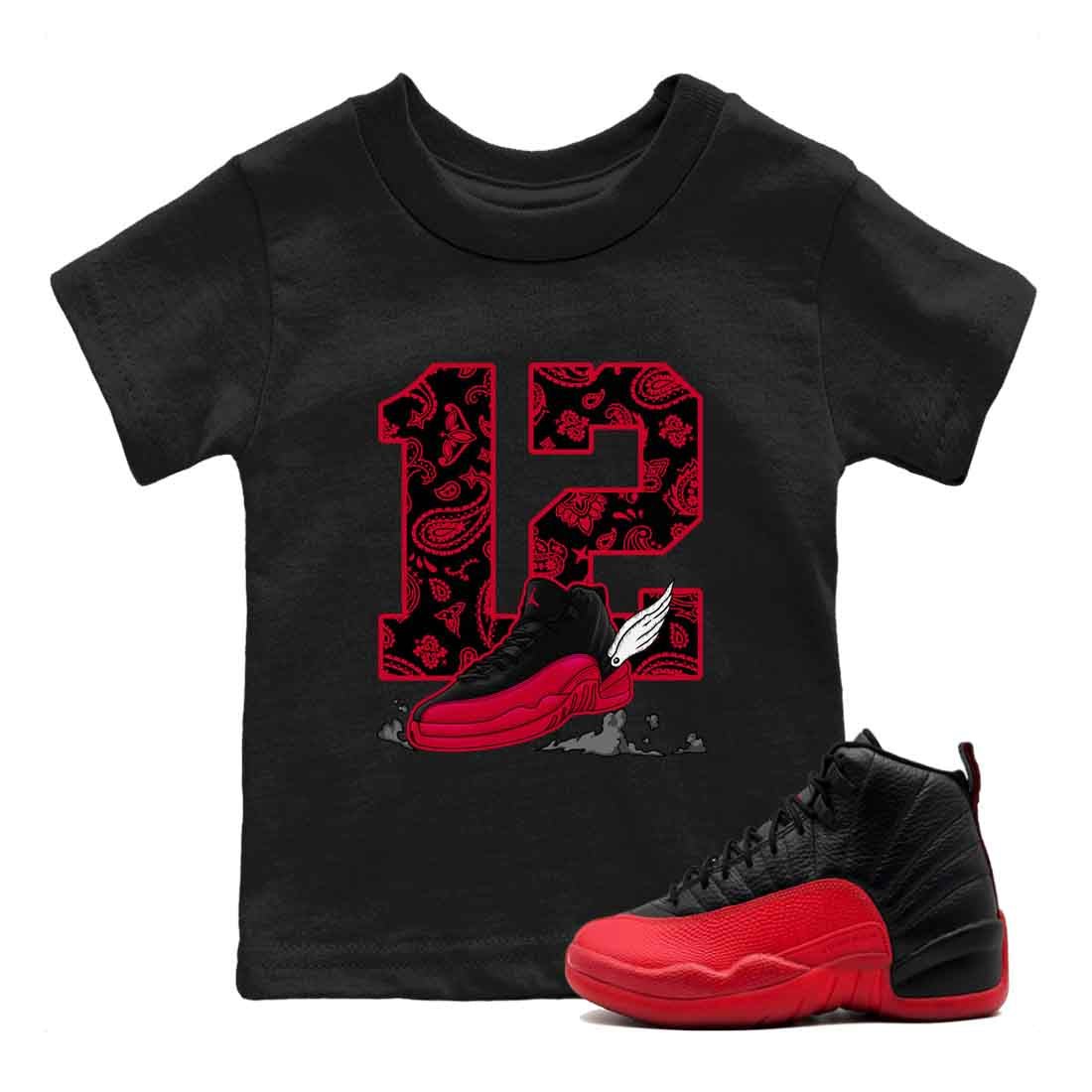 12s Flu Game shirts to match jordans Fly To The Clouds best t shirts to wear with jordans Air Jordan 12 Retro Flu Black and Varsity Red match shoes to clothes SNRT Sneaker Tees Youth Baby Black 1 tee