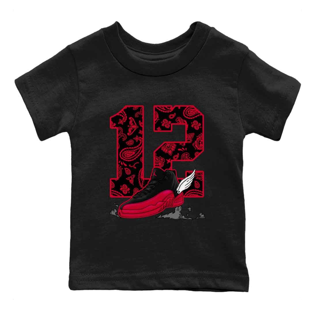 12s Flu Game shirts to match jordans Fly To The Clouds best t shirts to wear with jordans Air Jordan 12 Retro Flu Black and Varsity Red match shoes to clothes SNRT Sneaker Tees Youth Baby Black 2 tee
