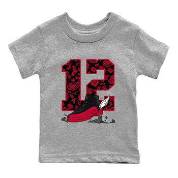 12s Flu Game shirts to match jordans Fly To The Clouds best t shirts to wear with jordans Air Jordan 12 Retro Flu Black and Varsity Red match shoes to clothes SNRT Sneaker Tees Youth Baby Heather Grey 2 tee