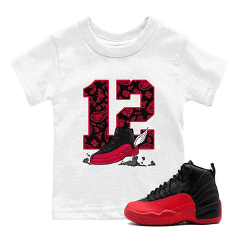 12s Flu Game shirts to match jordans Fly To The Clouds best t shirts to wear with jordans Air Jordan 12 Retro Flu Black and Varsity Red match shoes to clothes SNRT Sneaker Tees Youth Baby White 1 tee