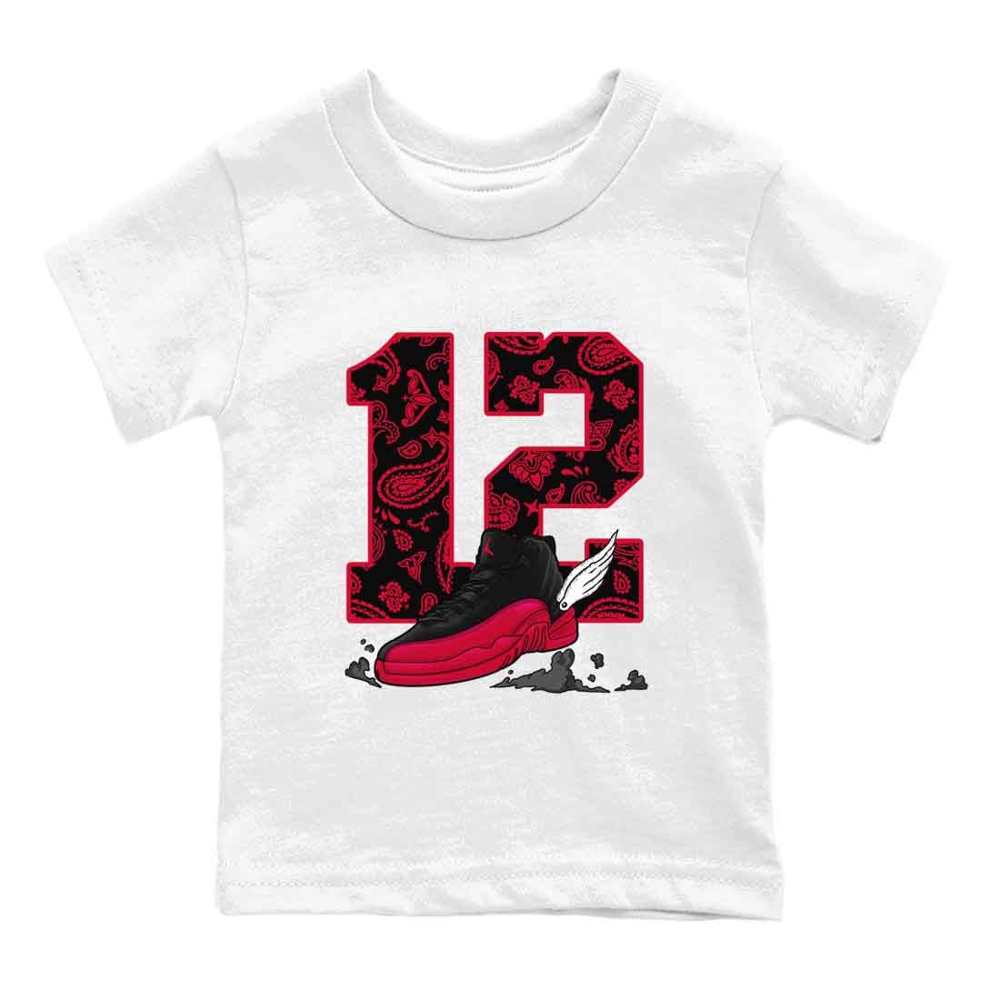 12s Flu Game shirts to match jordans Fly To The Clouds best t shirts to wear with jordans Air Jordan 12 Retro Flu Black and Varsity Red match shoes to clothes SNRT Sneaker Tees Youth Baby White 2 tee