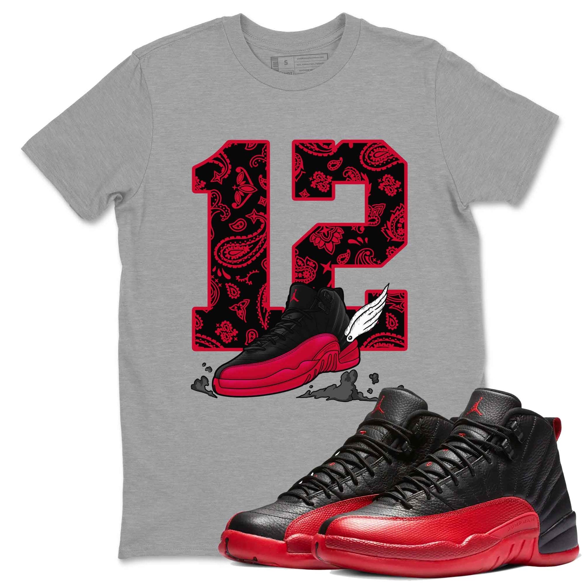 12s Flu Game shirts to match jordans Fly To The Clouds best t shirts to wear with jordans Air Jordan 12 Retro Flu Black and Varsity Red match shoes to clothes SNRT Sneaker Tees unisex cotton Heather Grey 1 shirts
