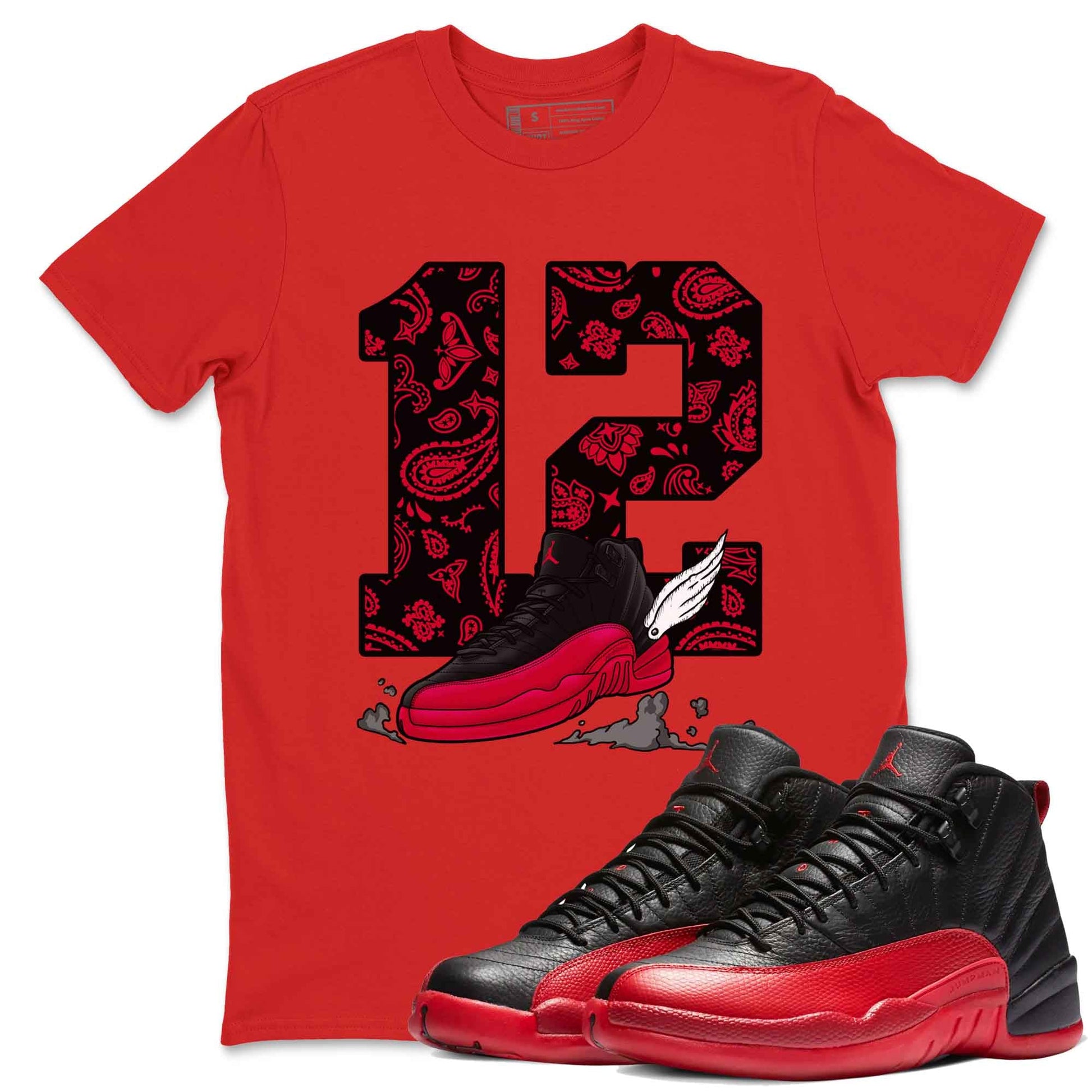 12s Flu Game shirts to match jordans Fly To The Clouds best t shirts to wear with jordans Air Jordan 12 Retro Flu Black and Varsity Red match shoes to clothes SNRT Sneaker Tees unisex cotton Red 1 shirts