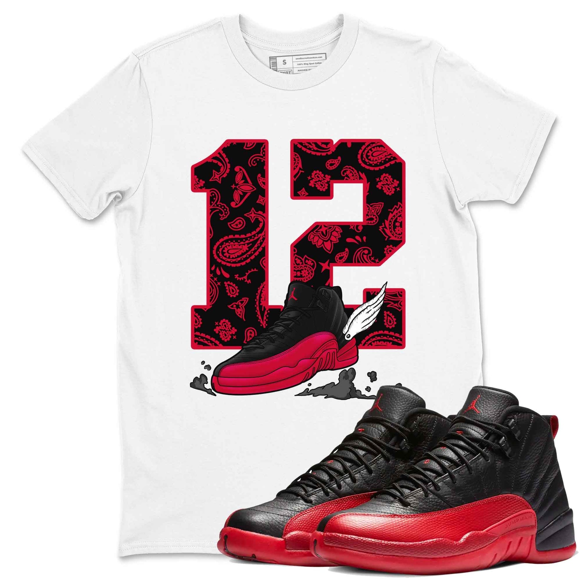 12s Flu Game shirts to match jordans Fly To The Clouds best t shirts to wear with jordans Air Jordan 12 Retro Flu Black and Varsity Red match shoes to clothes SNRT Sneaker Tees unisex cotton White 1 shirts