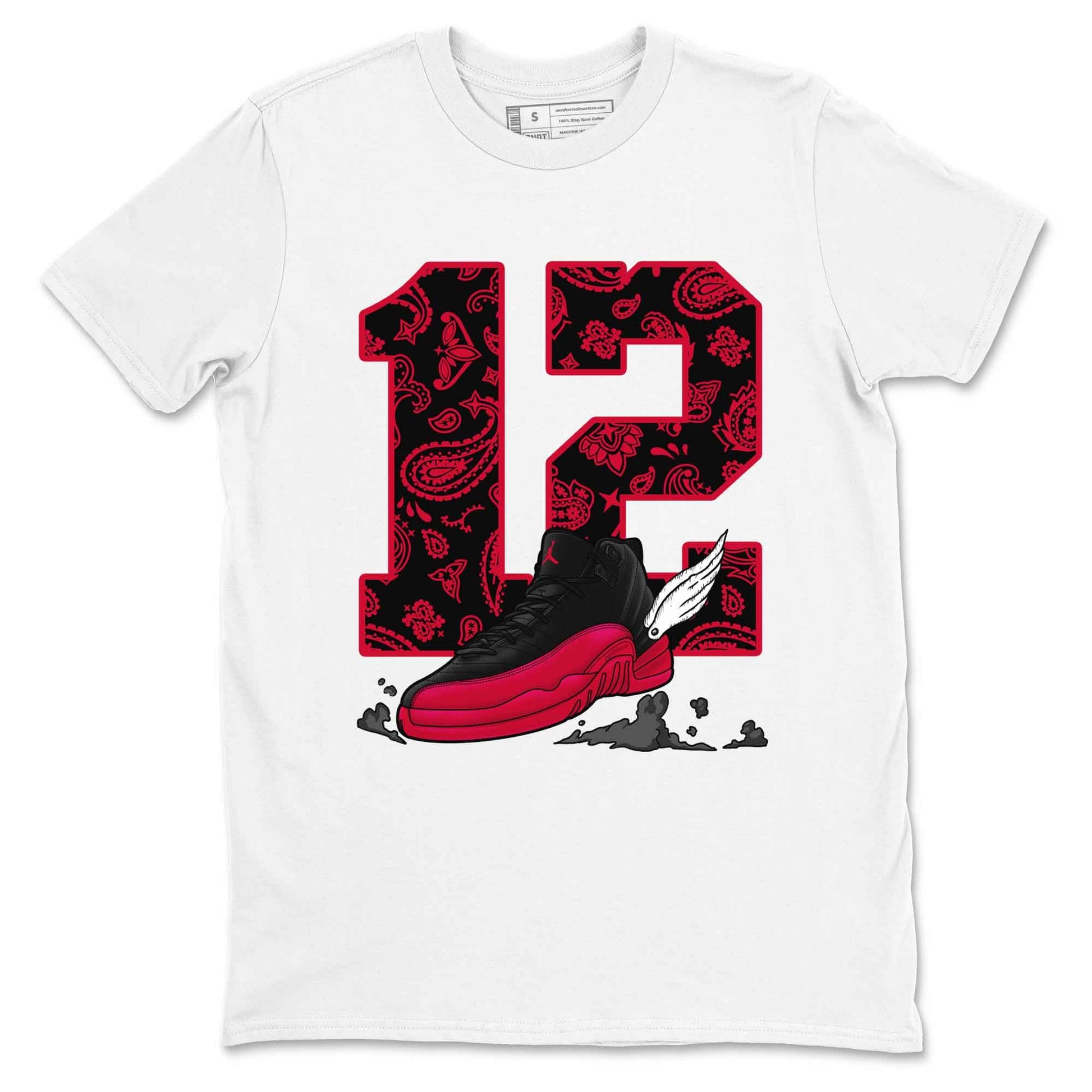 12s Flu Game shirts to match jordans Fly To The Clouds best t shirts to wear with jordans Air Jordan 12 Retro Flu Black and Varsity Red match shoes to clothes SNRT Sneaker Tees unisex cotton White 2 shirts