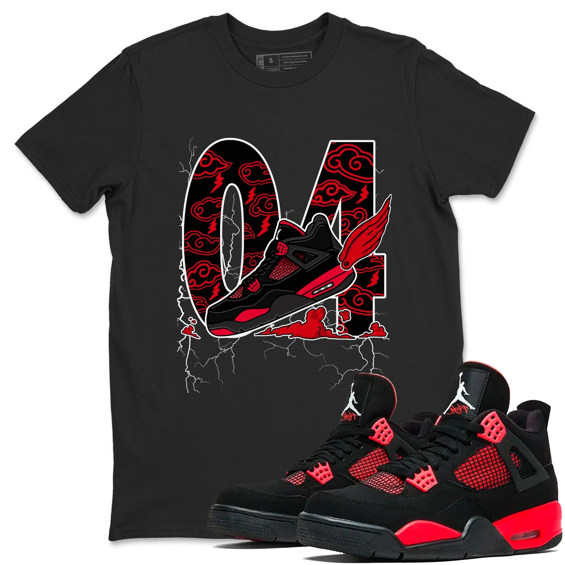 4s Red Thunder shirts to match jordans Fly To The Clouds sneaker match tees Air Jordan 4 Red Thunder SNRT Sneaker Tees streetwear brand Black 1 unisex cotton tee