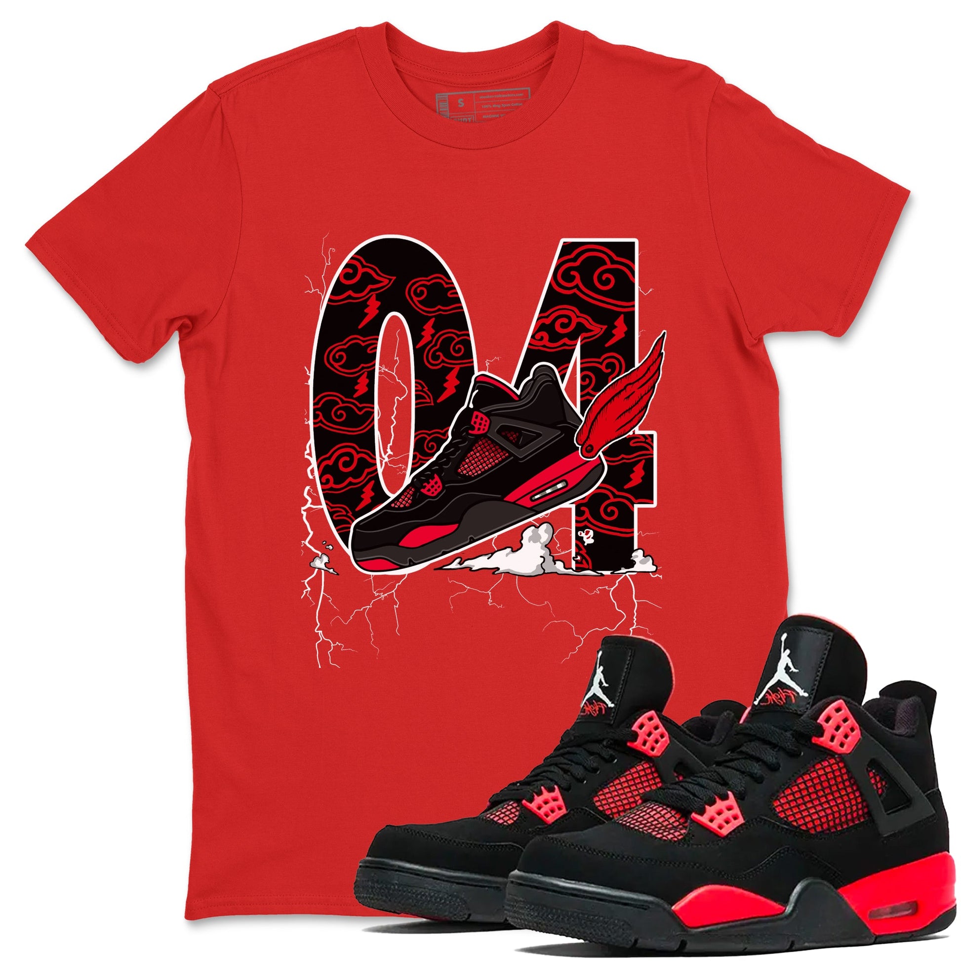 4s Red Thunder shirts to match jordans Fly To The Clouds sneaker match tees Air Jordan 4 Red Thunder SNRT Sneaker Tees streetwear brand Red 1 unisex cotton tee