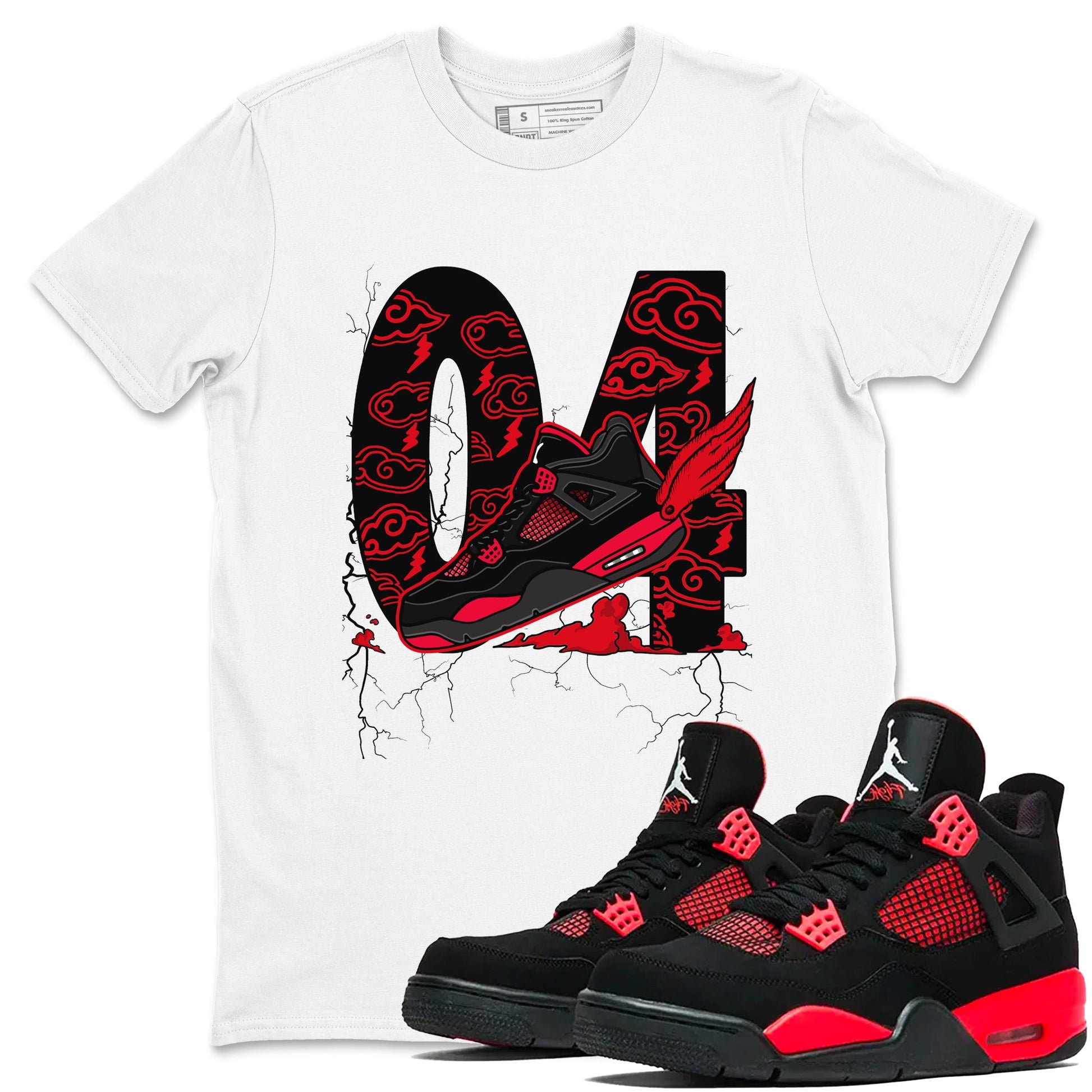 4s Red Thunder shirts to match jordans Fly To The Clouds sneaker match tees Air Jordan 4 Red Thunder SNRT Sneaker Tees streetwear brand White 1 unisex cotton tee