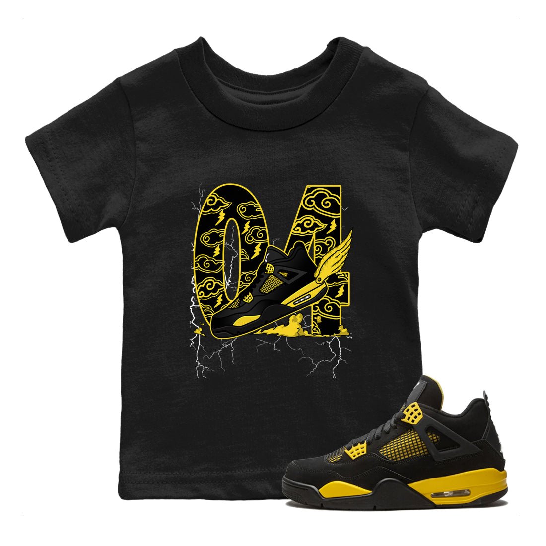 AJ4 Thunder shirts to match jordans Fly To The Clouds sneaker match tees Air Jordan 4 Thunder SNRT Sneaker Tees streetwear brand Baby and Youth Black 1 cotton tee