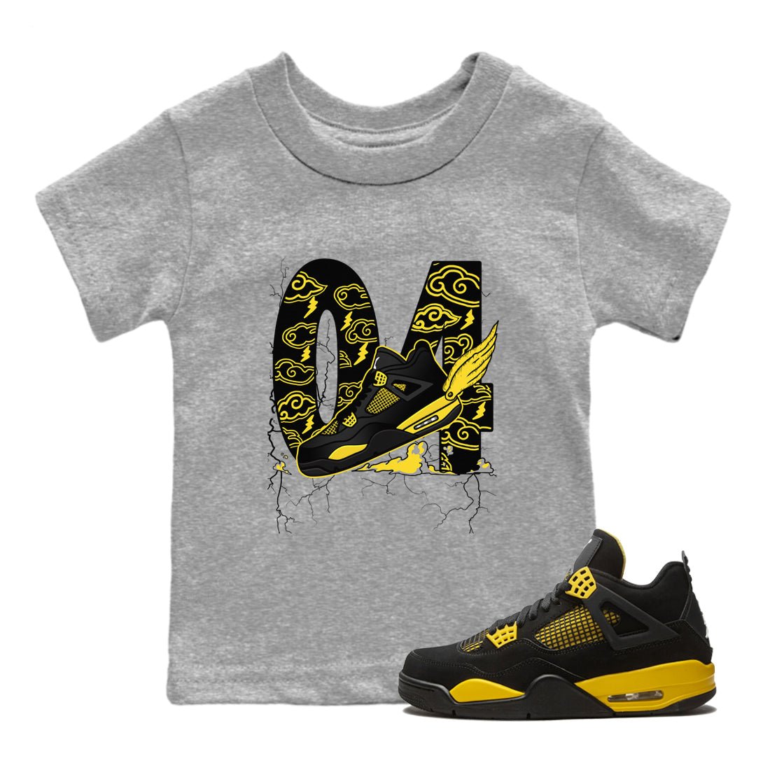 AJ4 Thunder shirts to match jordans Fly To The Clouds sneaker match tees Air Jordan 4 Thunder SNRT Sneaker Tees streetwear brand Baby and Youth Heather Grey 1 cotton tee