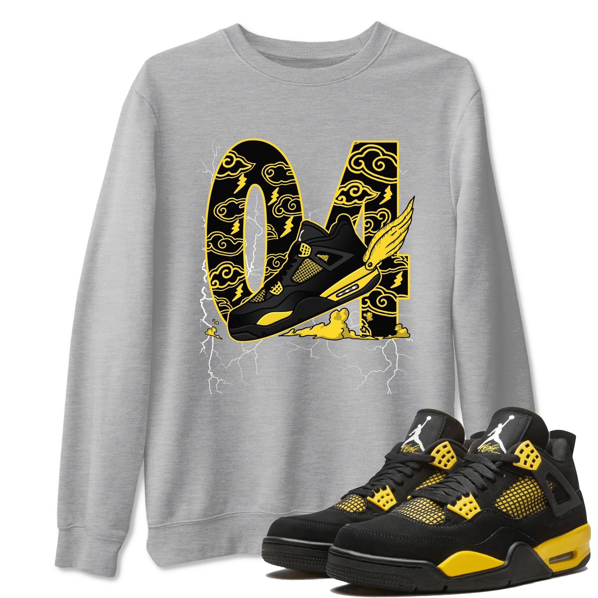 AJ4 Thunder shirts to match jordans Fly To The Clouds sneaker match tees Air Jordan 4 Thunder SNRT Sneaker Tees streetwear brand Heather Grey 1 unisex cotton tee