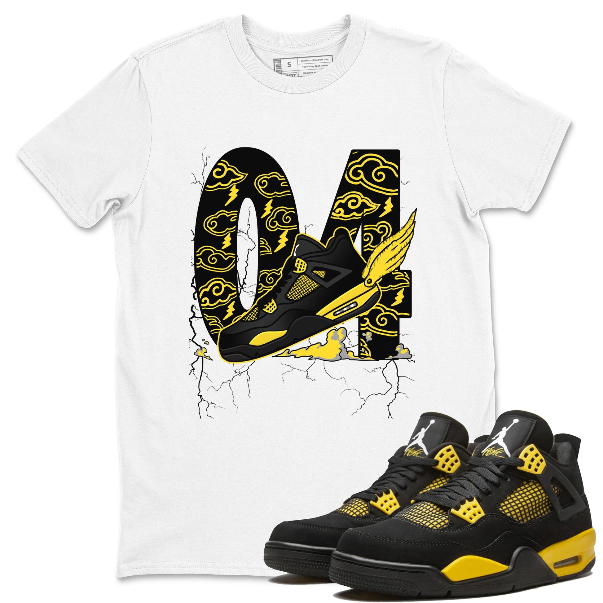 AJ4 Thunder shirts to match jordans Fly To The Clouds sneaker match tees Air Jordan 4 Thunder SNRT Sneaker Tees streetwear brand White 1 unisex cotton tee