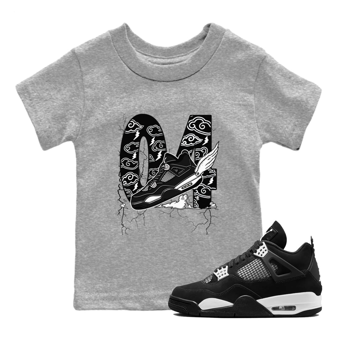 AJ4 White Thunder shirts to match jordans Fly To The Clouds sneaker match tees Air Jordan 4 White Thunder SNRT Sneaker Tees streetwear brand Baby and Youth Heather Grey 1 cotton tee