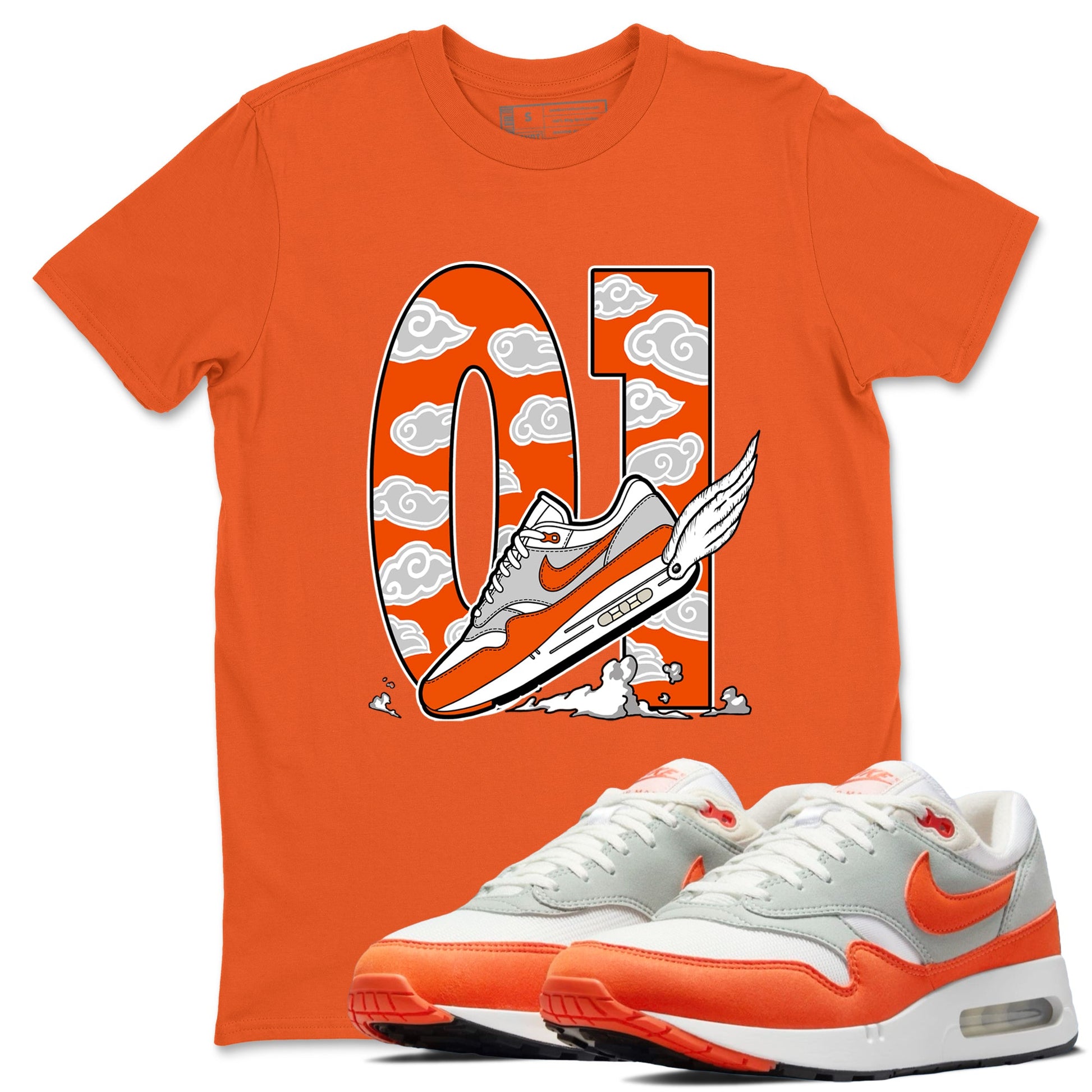 Air Max 1 OG '86 'Summit White and Cosmic Clay shirts to match jordans Fly To The Clouds sneaker match tees Air Max 1 Cosmic Clay match shoes to clothes SNRT Sneaker Tees unisex cotton Orange 1 shirts