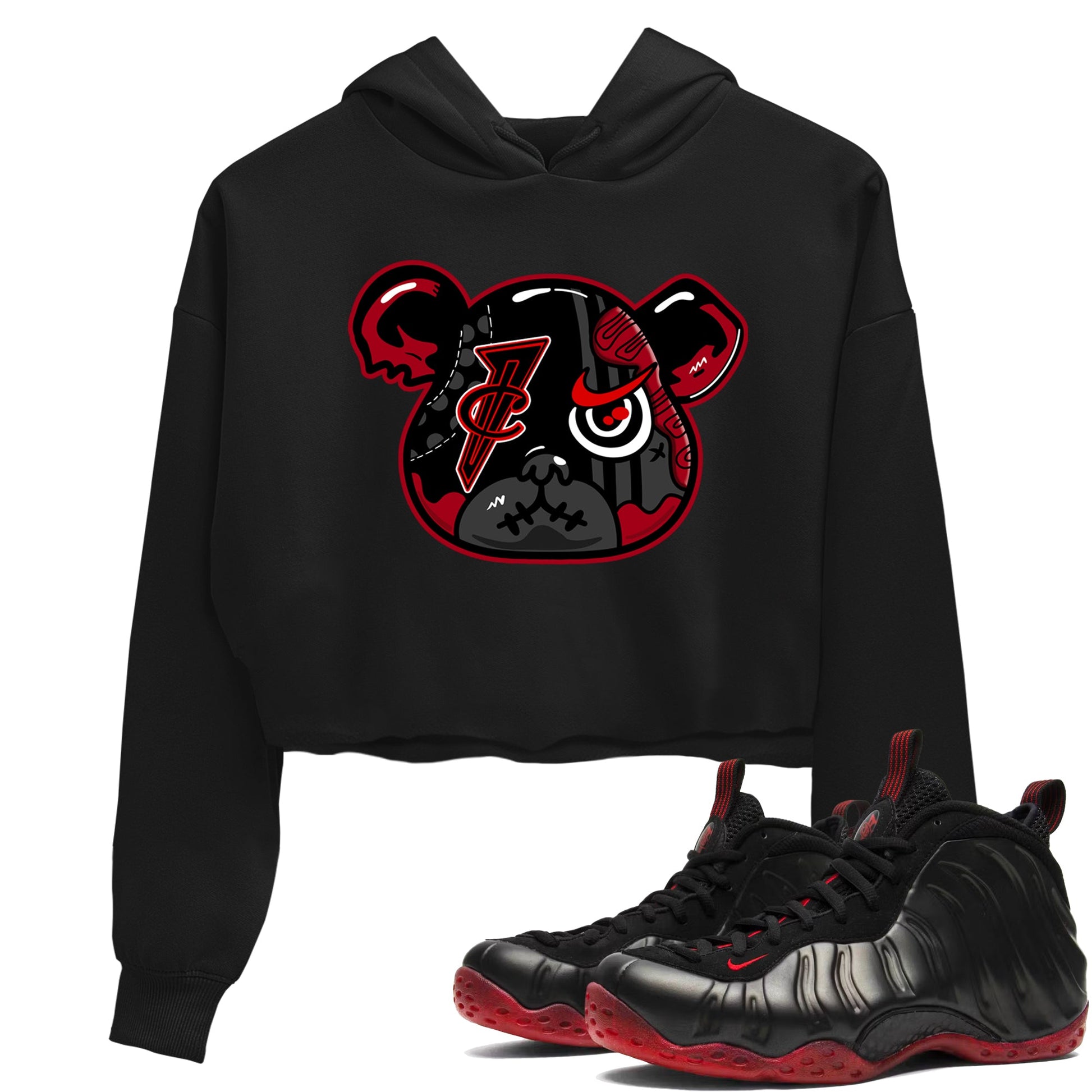Sneaker match tees – Sneaker Tees To Match Air Foamposite Cough Drop Shoes – Foamposite Bear Crop T-Shirt Black 1