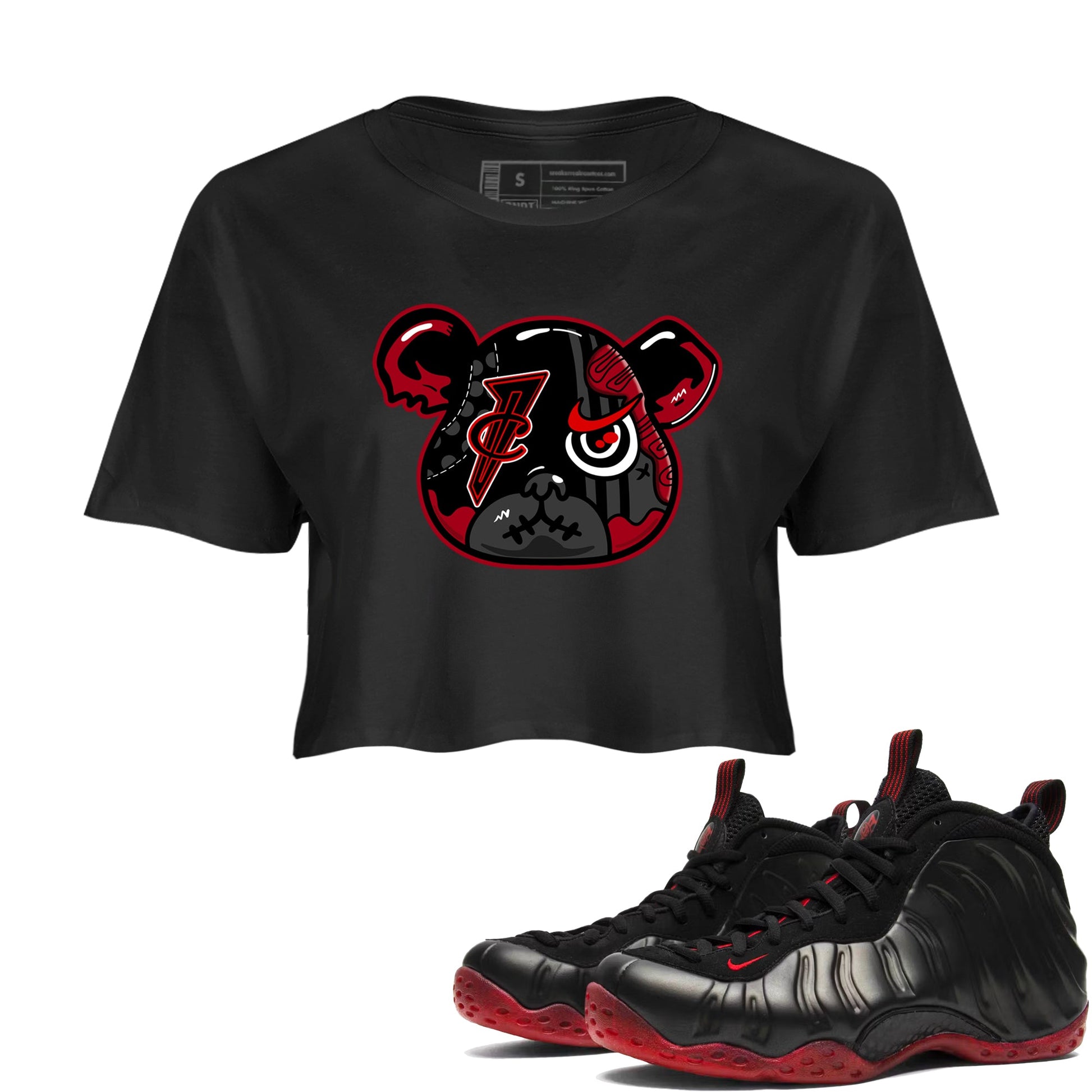 Sneaker match tees – Sneaker Tees To Match Air Foamposite Cough Drop Shoes – Foamposite Bear Crop T-Shirt Black 1