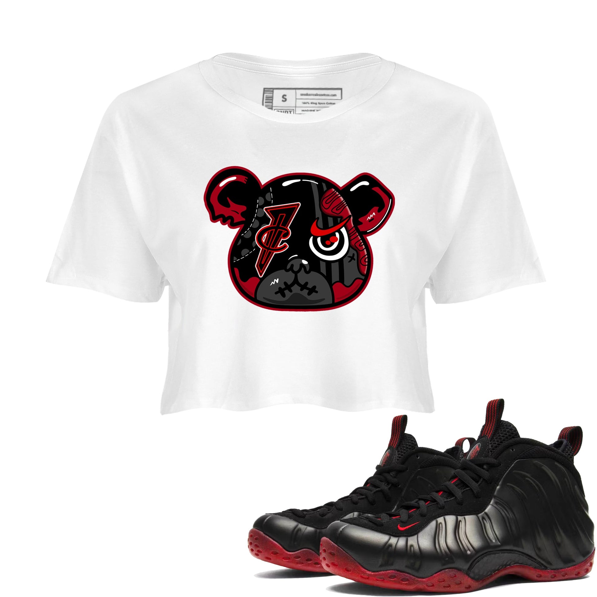 Sneaker match tees – Sneaker Tees To Match Air Foamposite Cough Drop Shoes – Foamposite Bear Crop T-Shirt White 1