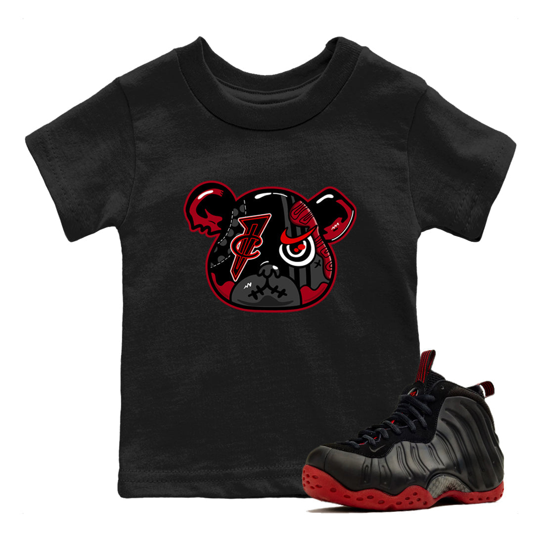 Sneaker match tees – Sneaker Tees To Match Air Foamposite Cough Drop Shoes – Foamposite Bear Kids T-Shirt Black 1