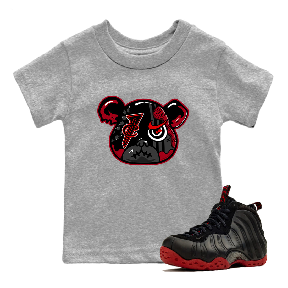 Sneaker match tees – Sneaker Tees To Match Air Foamposite Cough Drop Shoes – Foamposite Bear Kids T-Shirt Heather Grey 1
