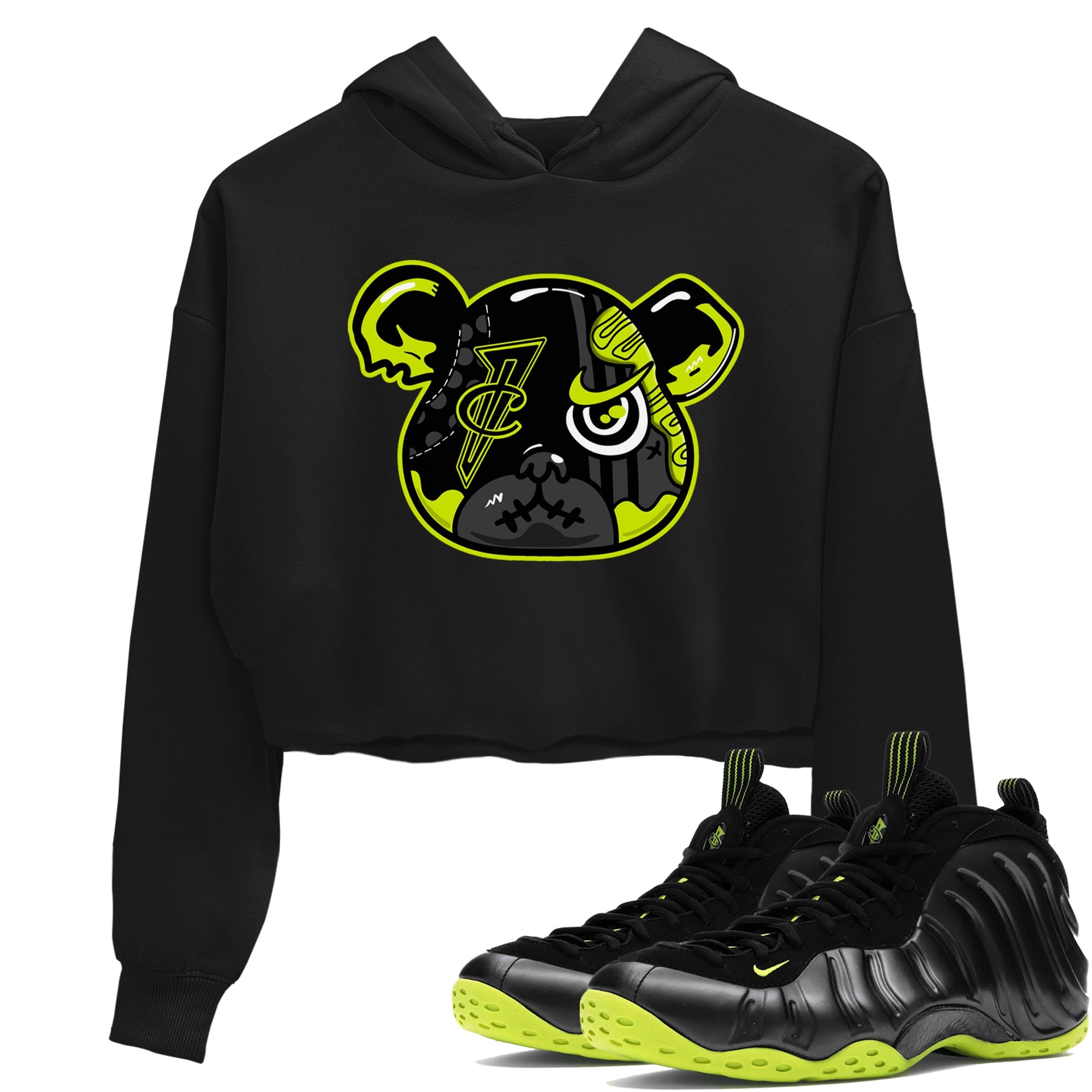 Foams One Black Volt shirts to match jordans Foamposite Bear sneaker match tees Air Foamposite One Black and Volt match shoes to clothes SNRT Sneaker Tees unisex cotton Black 1 crop tee