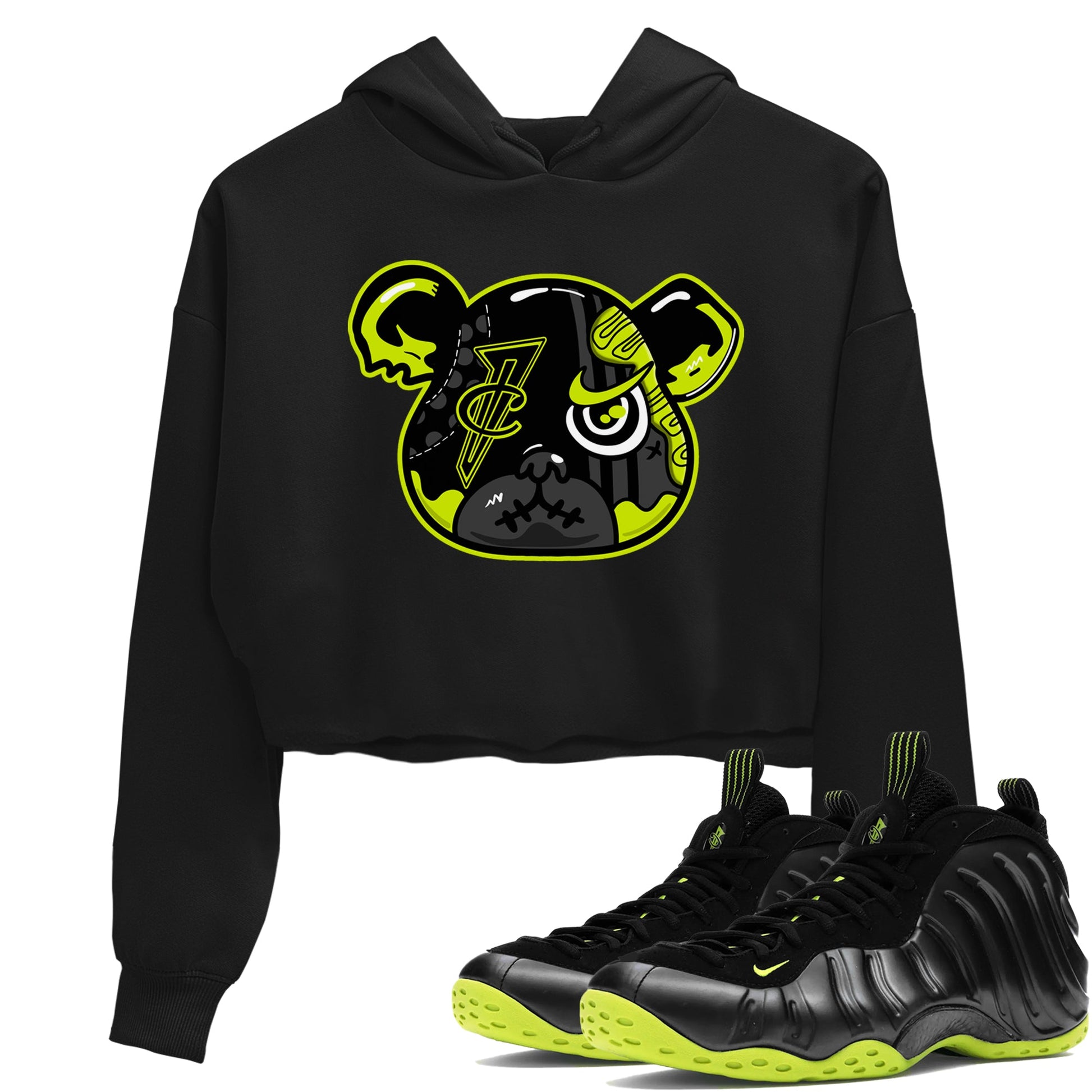 Foams One Black Volt shirts to match jordans Foamposite Bear sneaker match tees Air Foamposite One Black and Volt match shoes to clothes SNRT Sneaker Tees unisex cotton Black 1 crop tee