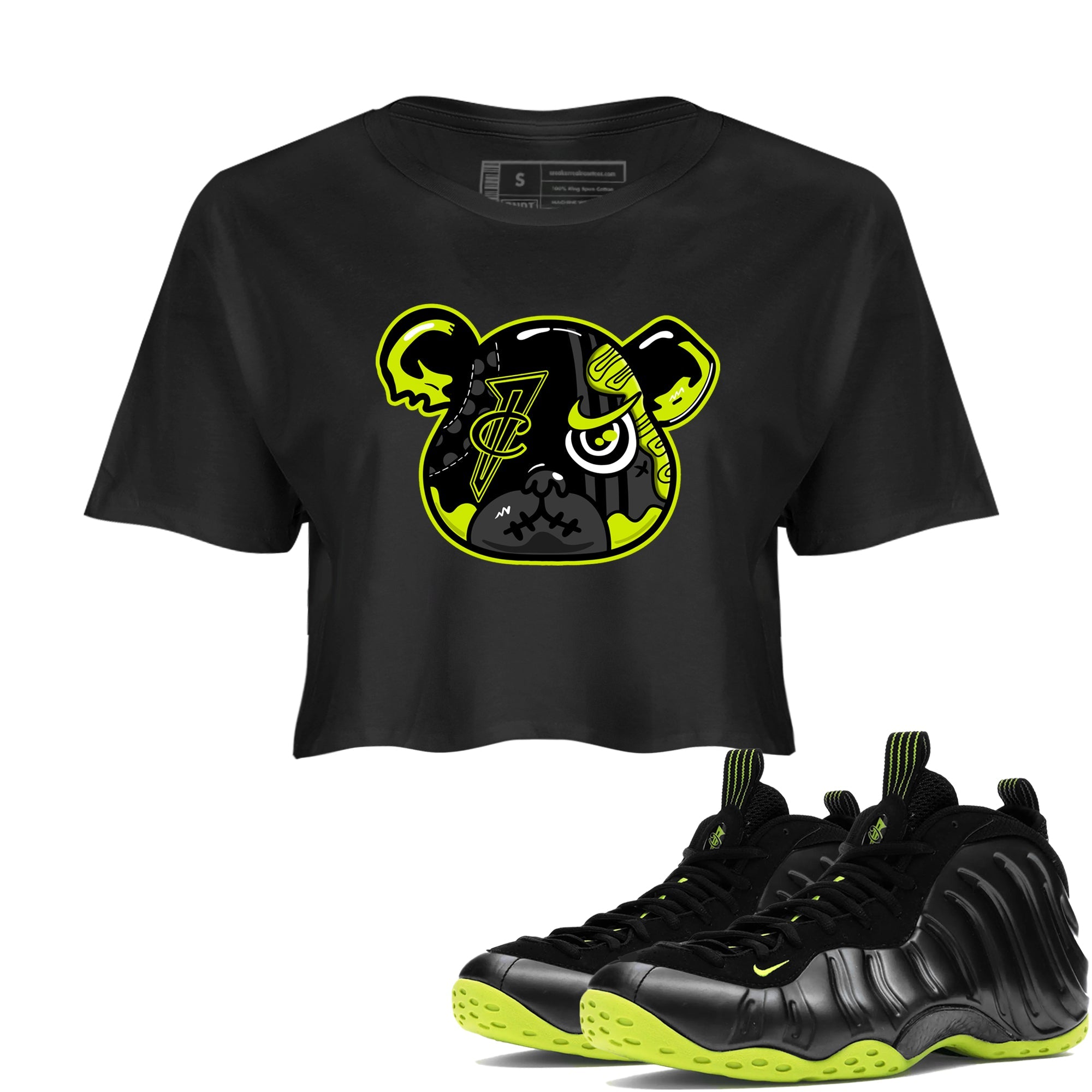 Foams One Black Volt shirts to match jordans Foamposite Bear sneaker match tees Air Foamposite One Black and Volt match shoes to clothes SNRT Sneaker Tees unisex cotton Black 1 crop tee
