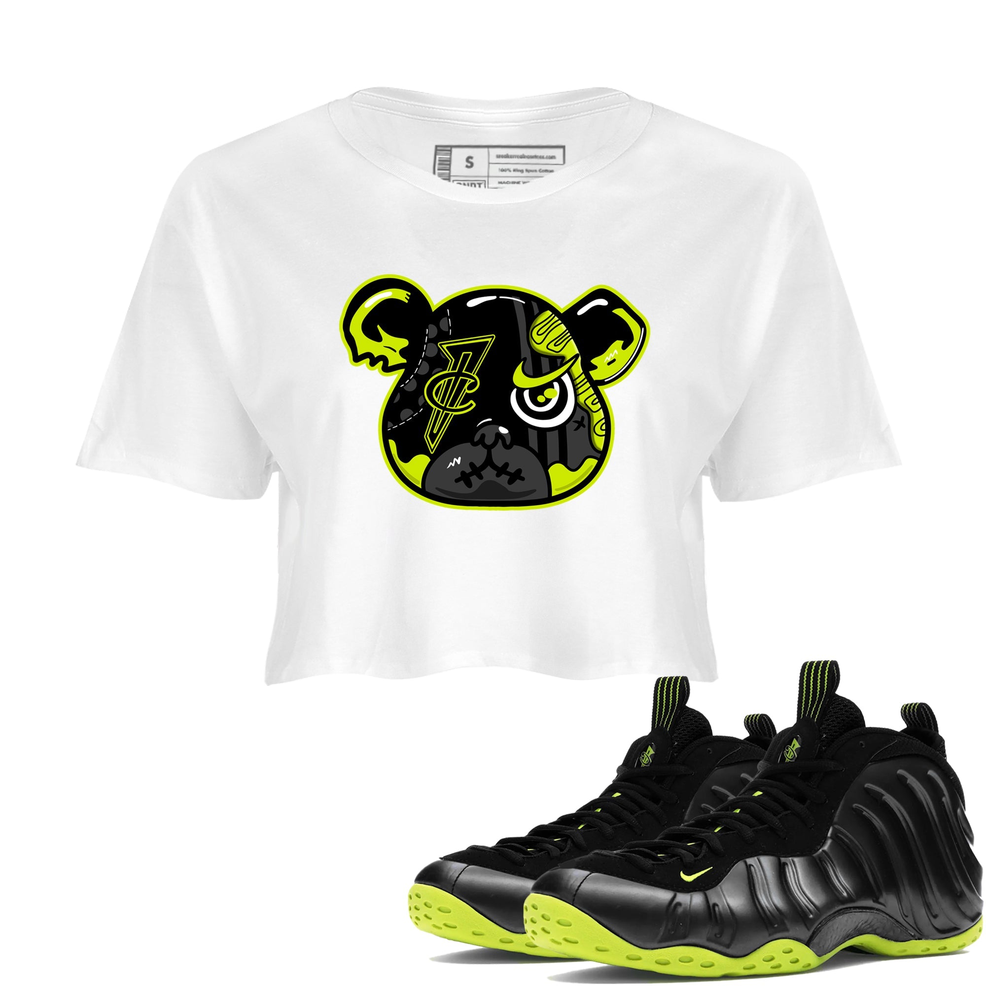 Foams One Black Volt shirts to match jordans Foamposite Bear sneaker match tees Air Foamposite One Black and Volt match shoes to clothes SNRT Sneaker Tees unisex cotton White 1 crop tee