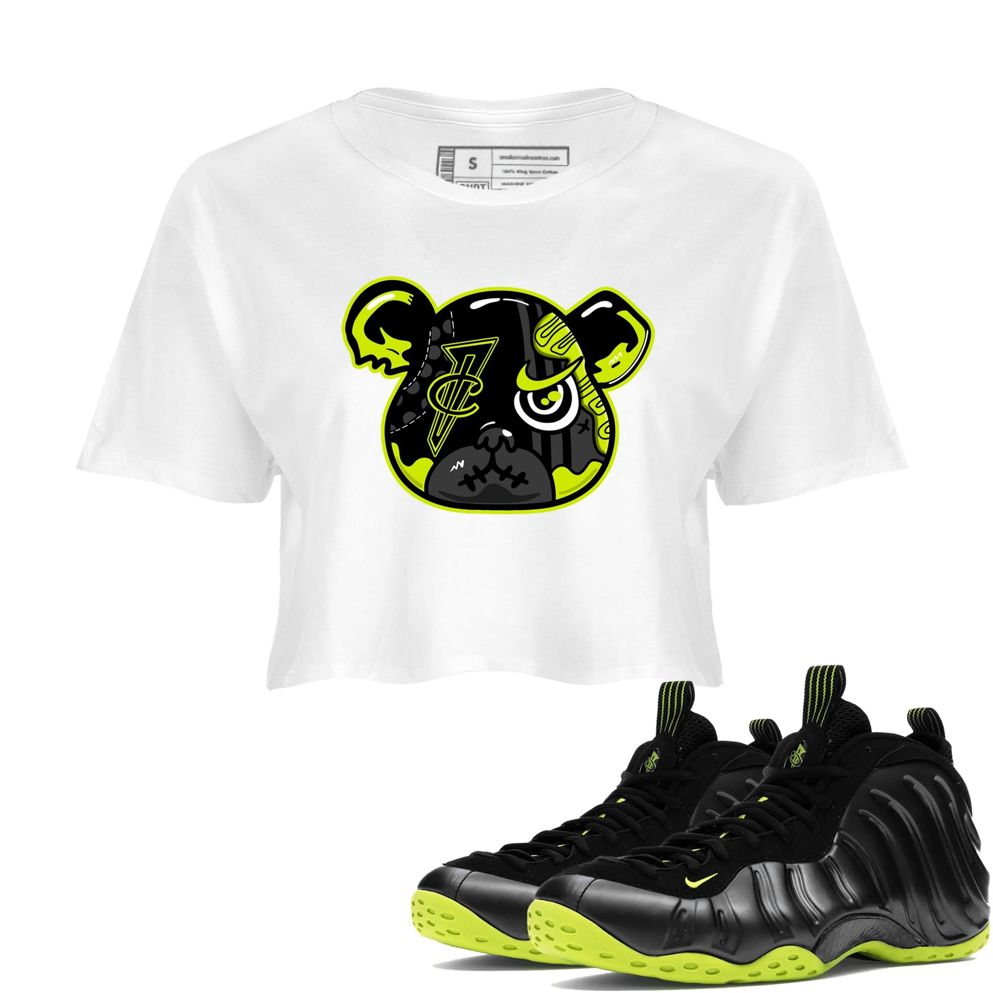 Foams One Black Volt shirts to match jordans Foamposite Bear sneaker match tees Air Foamposite One Black and Volt match shoes to clothes SNRT Sneaker Tees unisex cotton White 1 crop tee