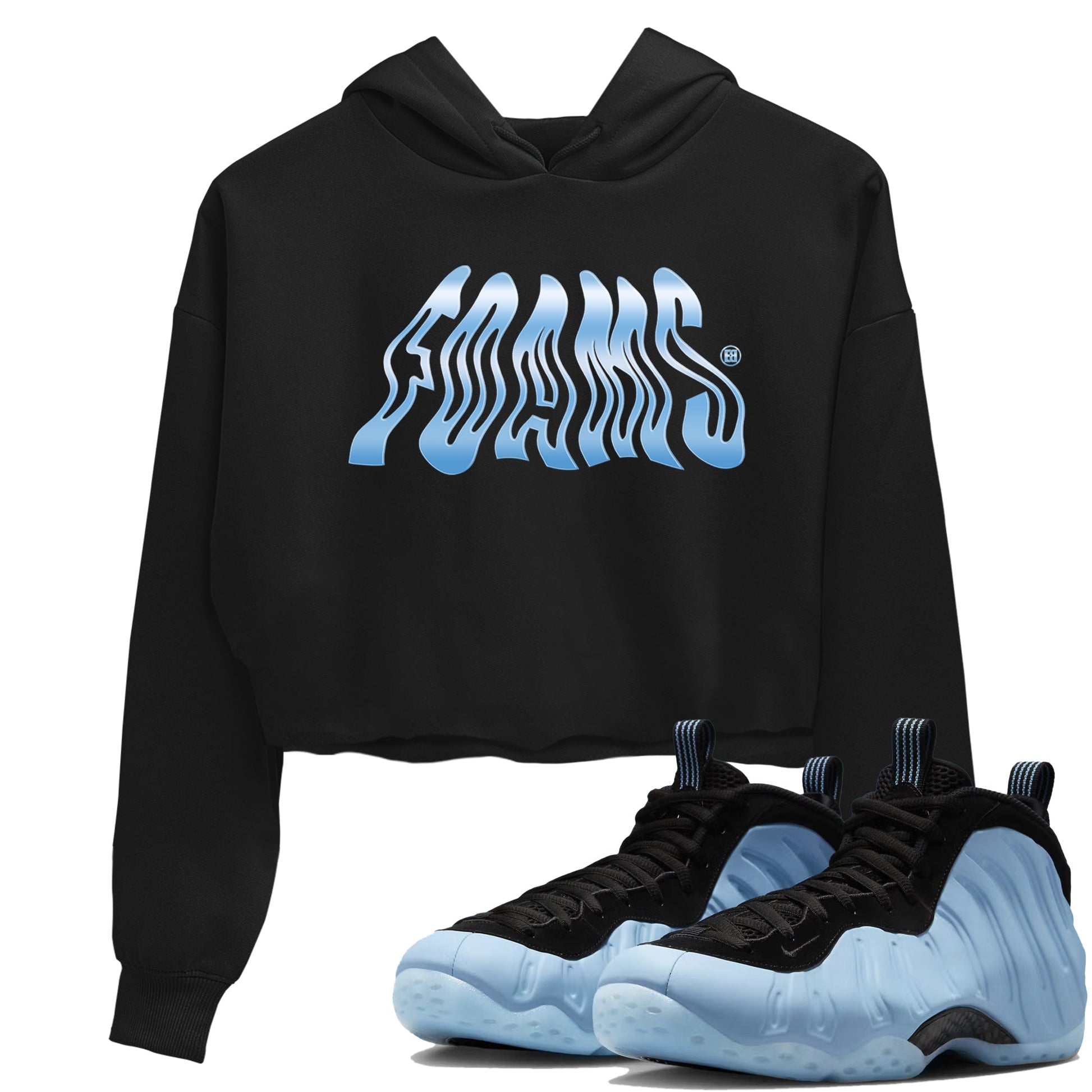 Foams womens crop tee made to vibe with the Air Foamposite One Psychic Blue sneakers — the perfect match in Black 1.