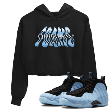 Foams womens crop tee made to vibe with the Air Foamposite One Psychic Blue sneakers — the perfect match in Black 1.