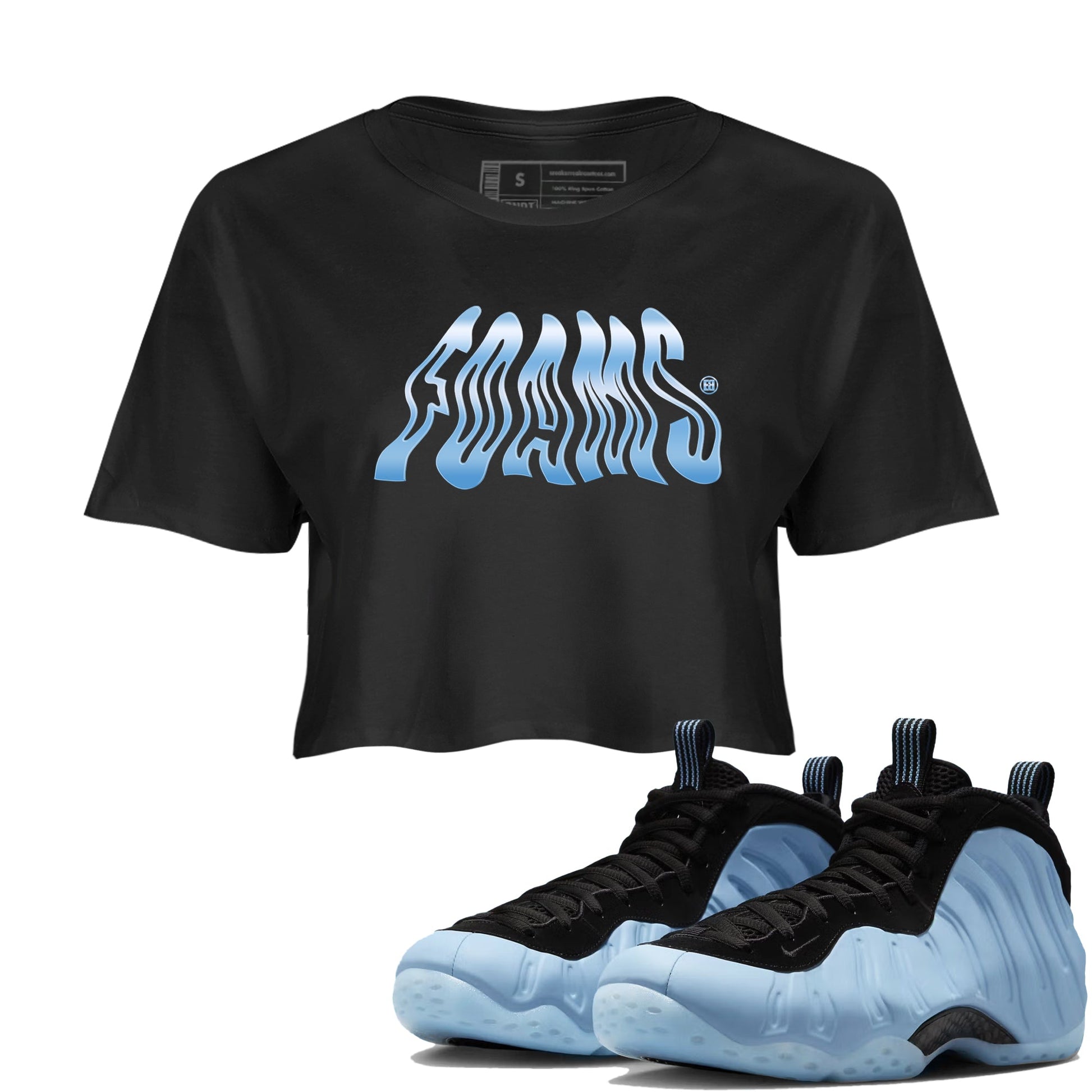 Foams womens crop tee made to vibe with the Air Foamposite One Psychic Blue sneakers — the perfect match in Black 1.