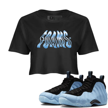 Foams womens crop tee made to vibe with the Air Foamposite One Psychic Blue sneakers — the perfect match in Black 1.