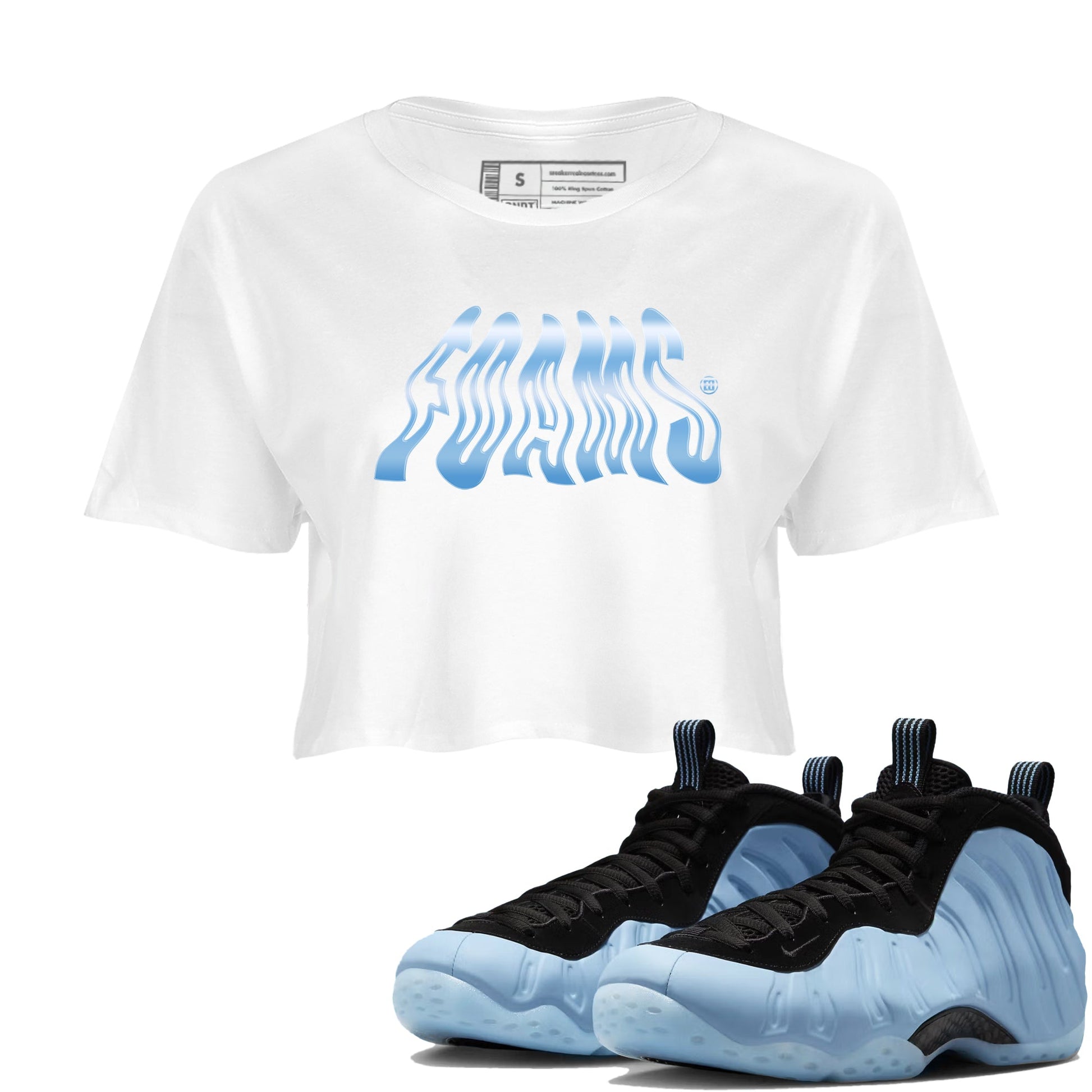 Foams womens crop tee made to vibe with the Air Foamposite One Psychic Blue sneakers — the perfect match in White 1.