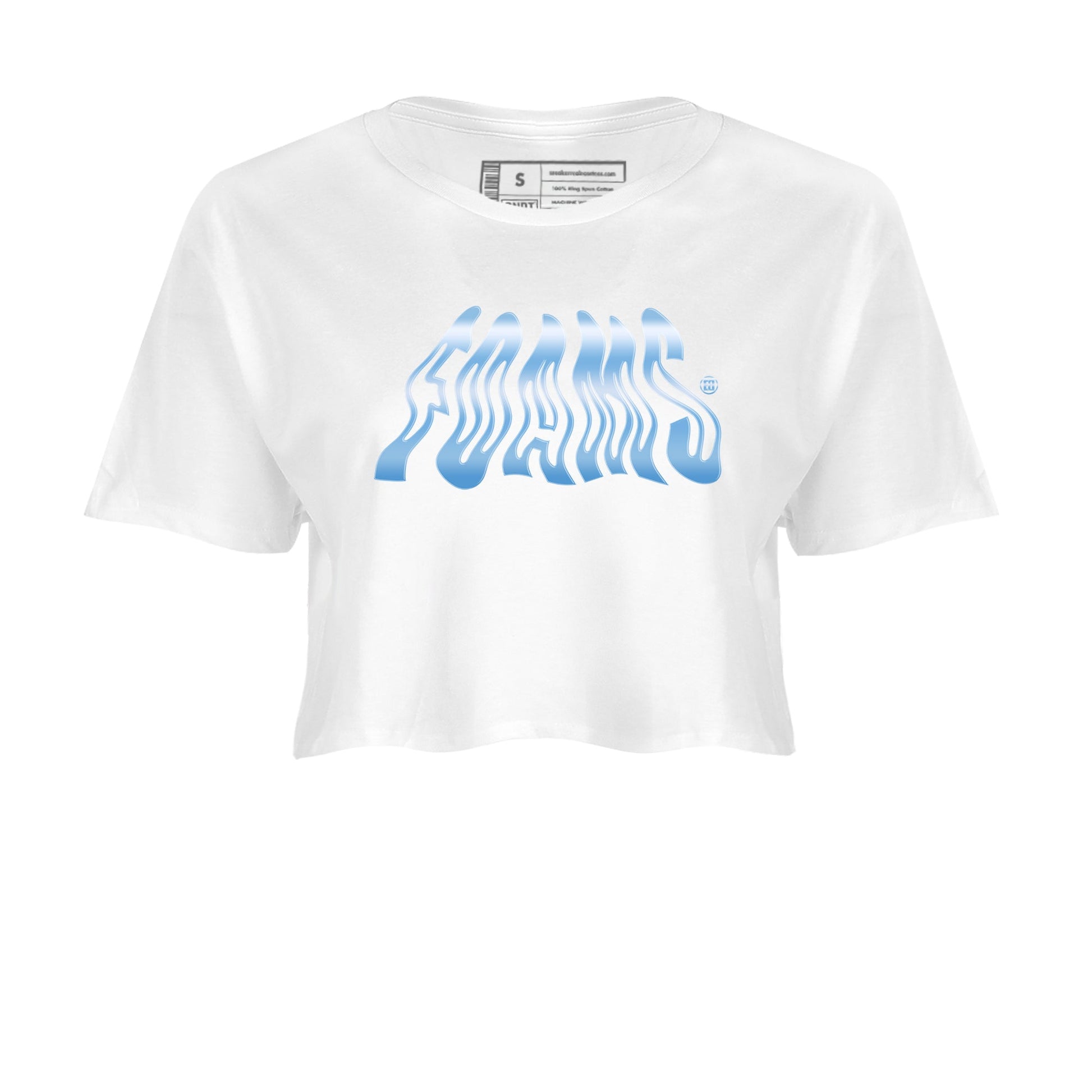 Foams womens crop tee made to vibe with the Air Foamposite One Psychic Blue sneakers — the perfect match in White 2.