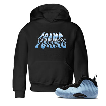 Foams baby and kids t-shirt crafted for little sneakerheads to shine with the Air Foamposite One Psychic Blue sneakers, displayed in Black 1.