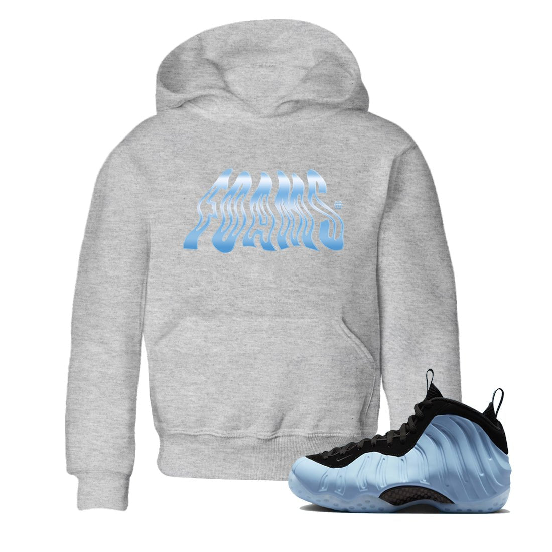 Foams baby and kids t-shirt crafted for little sneakerheads to shine with the Air Foamposite One Psychic Blue sneakers, displayed in Heather Grey 1.