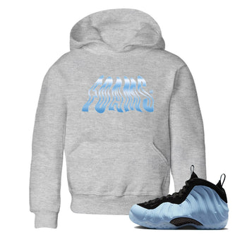 Foams baby and kids t-shirt crafted for little sneakerheads to shine with the Air Foamposite One Psychic Blue sneakers, displayed in Heather Grey 1.