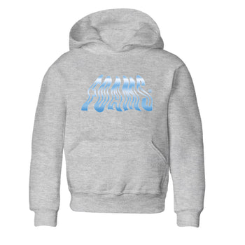 Foams baby and kids t-shirt crafted for little sneakerheads to shine with the Air Foamposite One Psychic Blue sneakers, displayed in Heather Grey 2.