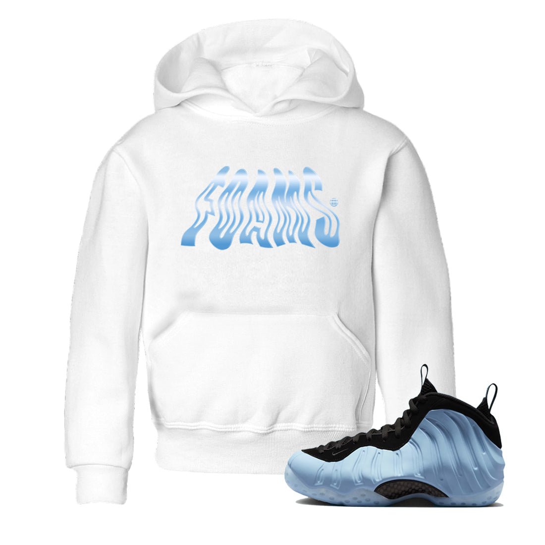 Foams baby and kids t-shirt crafted for little sneakerheads to shine with the Air Foamposite One Psychic Blue sneakers, displayed in White 1.
