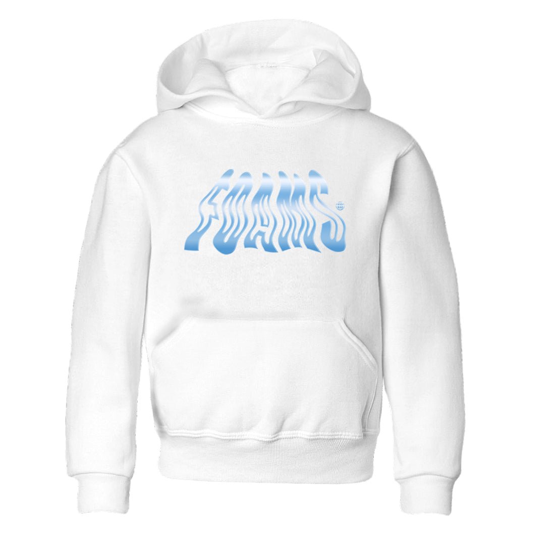 Foams baby and kids t-shirt crafted for little sneakerheads to shine with the Air Foamposite One Psychic Blue sneakers, displayed in White 2.
