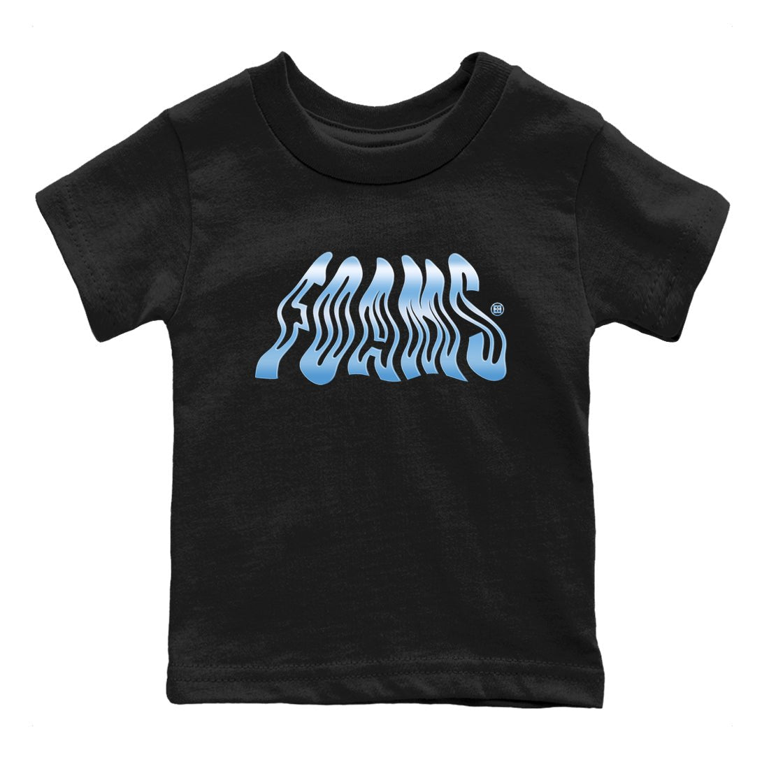 Foams baby and kids t-shirt crafted for little sneakerheads to shine with the Air Foamposite One Psychic Blue sneakers, displayed in Black 2.