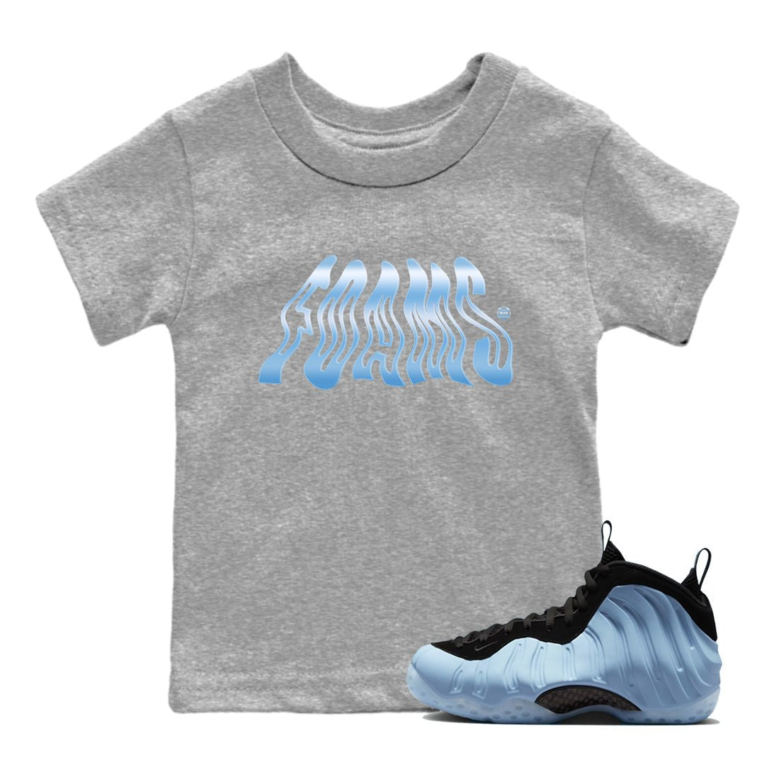 Foams baby and kids t-shirt crafted for little sneakerheads to shine with the Air Foamposite One Psychic Blue sneakers, displayed in Heather Grey 1.