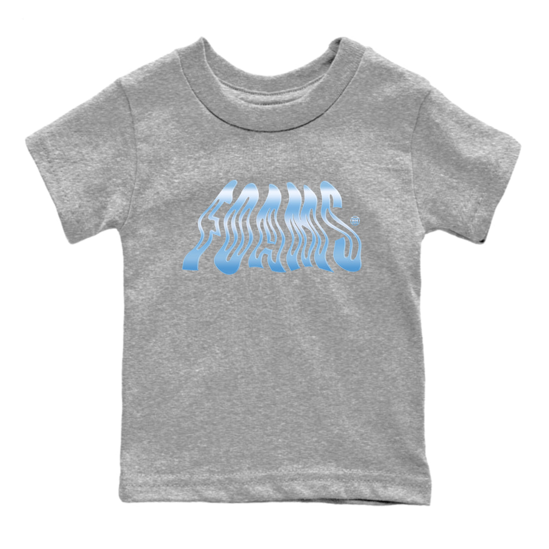 Foams baby and kids t-shirt crafted for little sneakerheads to shine with the Air Foamposite One Psychic Blue sneakers, displayed in Heather Grey 2.