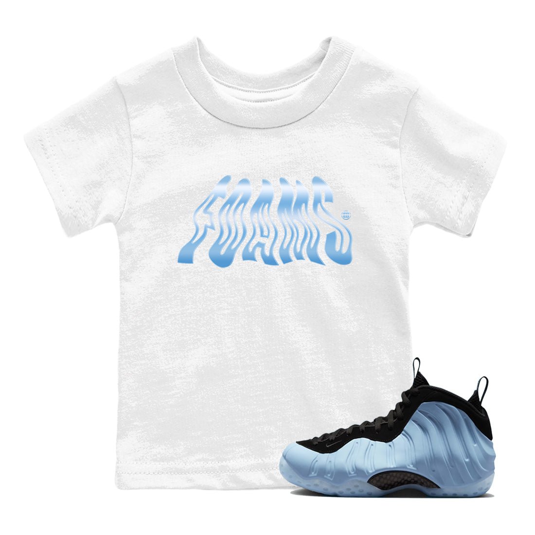 Foams baby and kids t-shirt crafted for little sneakerheads to shine with the Air Foamposite One Psychic Blue sneakers, displayed in White 1.