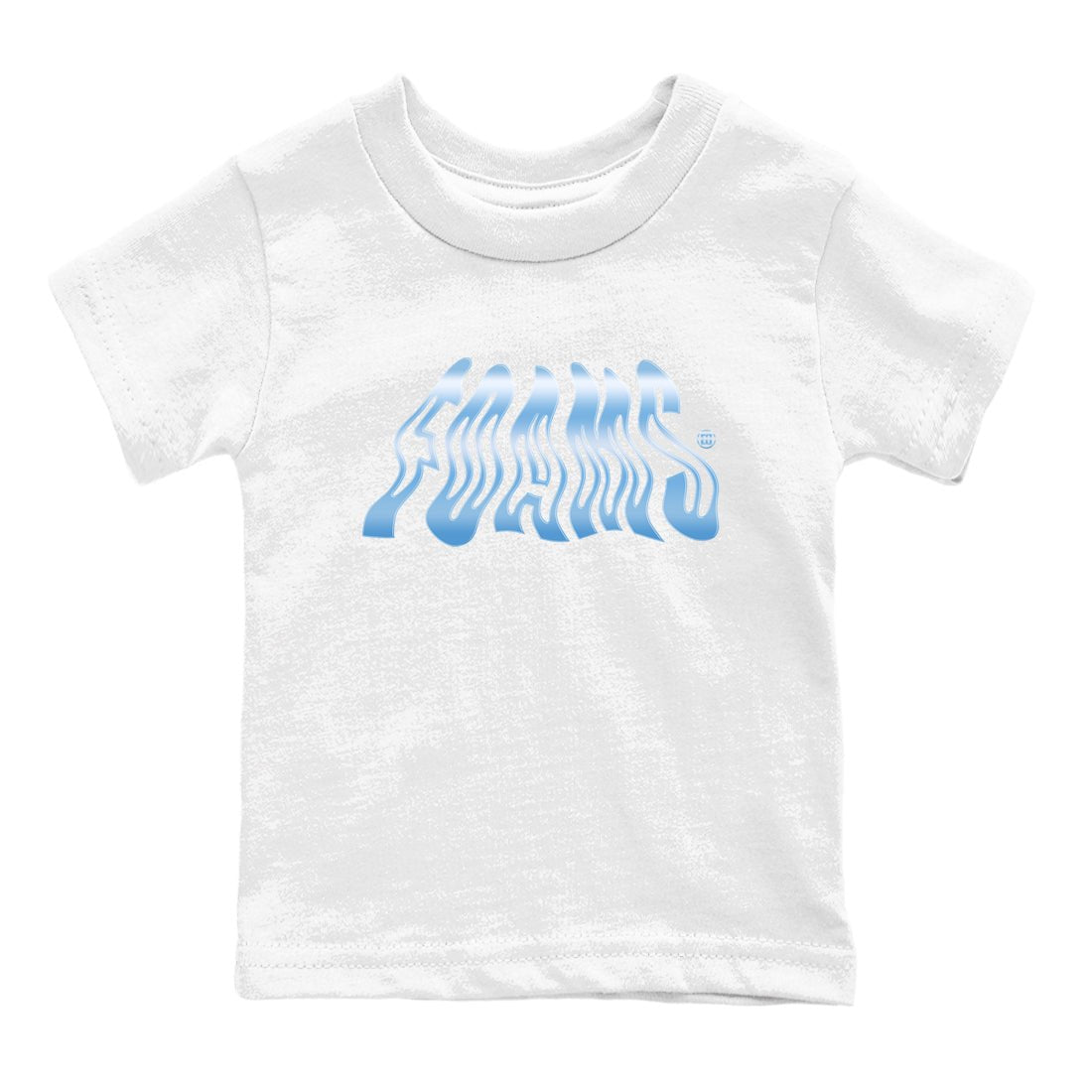 Foams baby and kids t-shirt crafted for little sneakerheads to shine with the Air Foamposite One Psychic Blue sneakers, displayed in White 2.
