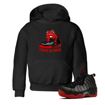 Foams So Fresh baby and kids t-shirt crafted for little sneakerheads to shine with the Air Foamposite Cough Drop sneakers, displayed in Black 1.